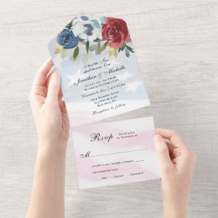 Invitation Tout En Un Mariage chrétien drapeau américain floral bleu bla
