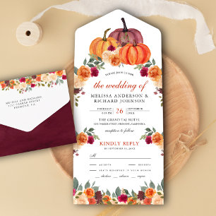 Invitation Tout En Un Mariage Citrouille Floral Orange Brûlé et Bourgogn