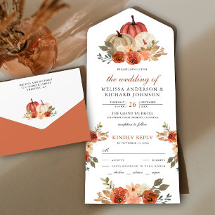 Invitation Tout En Un Mariage Citrouille Floral Orange Brûlé Terne