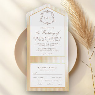 Invitation Tout En Un Mariage Classique Beige Tan Rayé Blason Monogramme