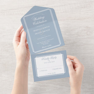Invitation Tout En Un Mariage Classique Deco Monogramme Bleu Poussiéreux