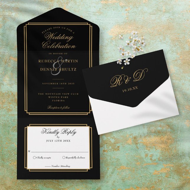 Invitation Tout En Un Mariage Classique Déco Monogramme Noir et Or (Black And Gold Classic Deco Monogram Wedding All In One Invitation)