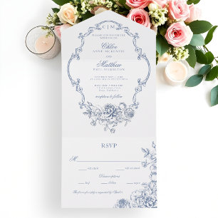 Invitation Tout En Un Mariage Classique Élégant Cadre Floral Bleu Poussi