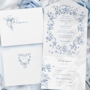Invitation Tout En Un Mariage Classique Fleurs et Rubans Bleu Français