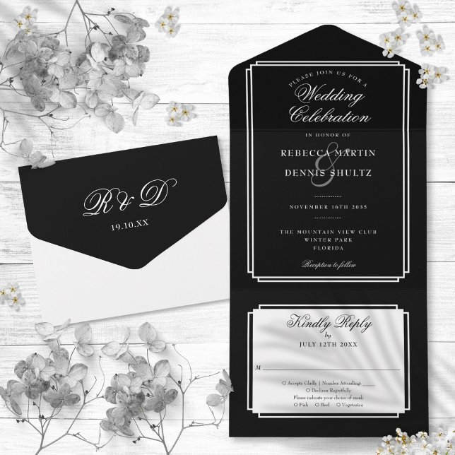 Invitation Tout En Un Mariage Classique Noir et Blanc avec Monogramme Dé (Black And White Classic Deco Monogram Wedding All In One Invitation)