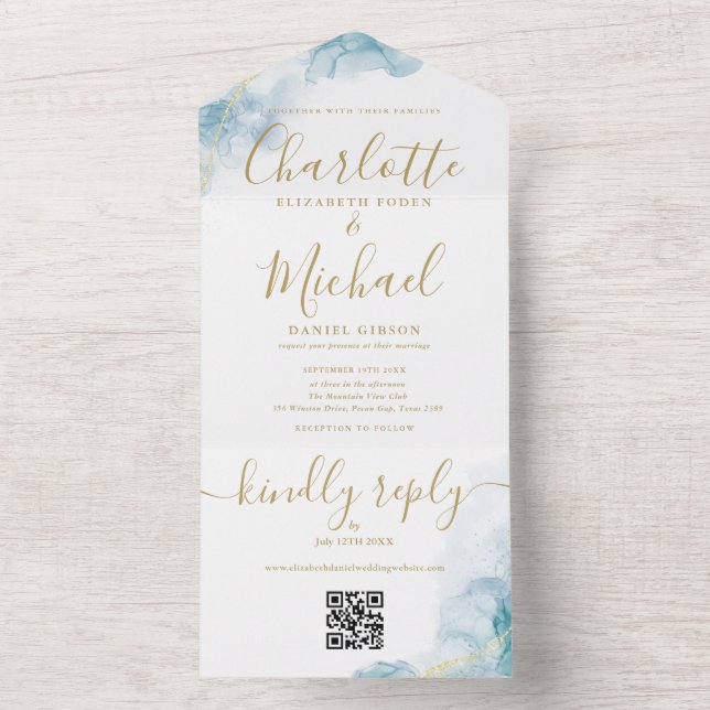 Invitation Tout En Un Mariage Code QR à l'écriture dorée Aquarelle Bleue (À l'intérieur)