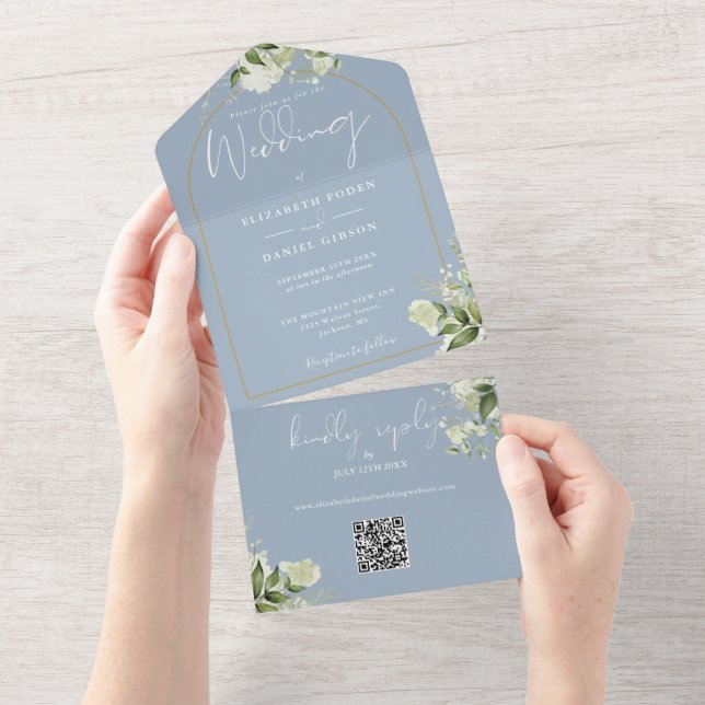Invitation Tout En Un Mariage Code QR Arche Dorée de la Verdure Bleue Po (Déchirure)