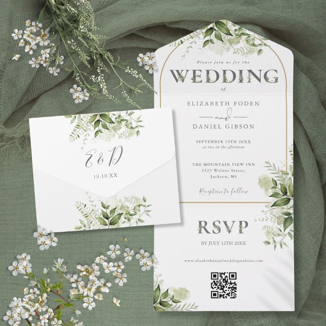 Invitation Tout En Un Mariage Code QR Arche Dorée de Verdure Rustique (Rustic Greenery Gold Arch QR Code Wedding All In One Invitation)