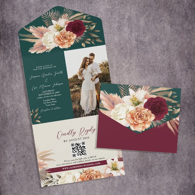 Invitation Tout En Un Mariage code QR Bohème Émeraude (Créateur téléchargé)