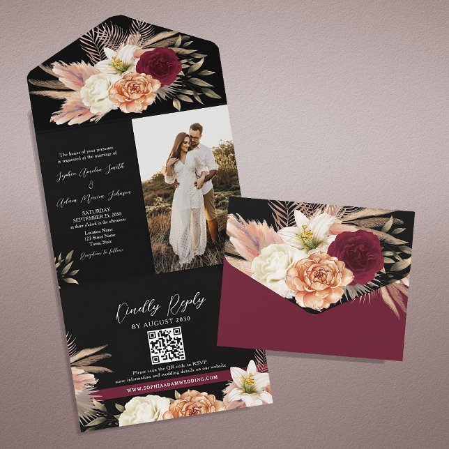 Invitation Tout En Un Mariage Code QR Bourgogne Noir (Créateur téléchargé)