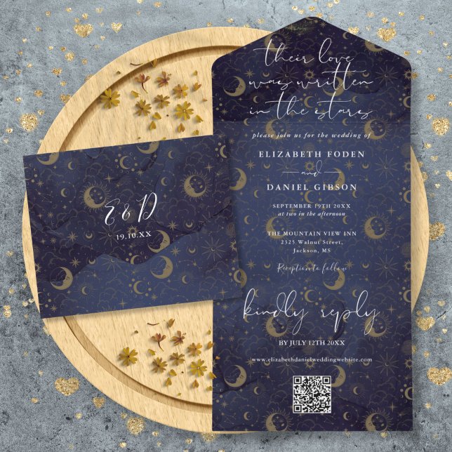 Invitation Tout En Un Mariage Code QR Céleste Écrit Dans Les Étoiles (Written In The Stars Celestial QR Code Wedding All In One Invitation)
