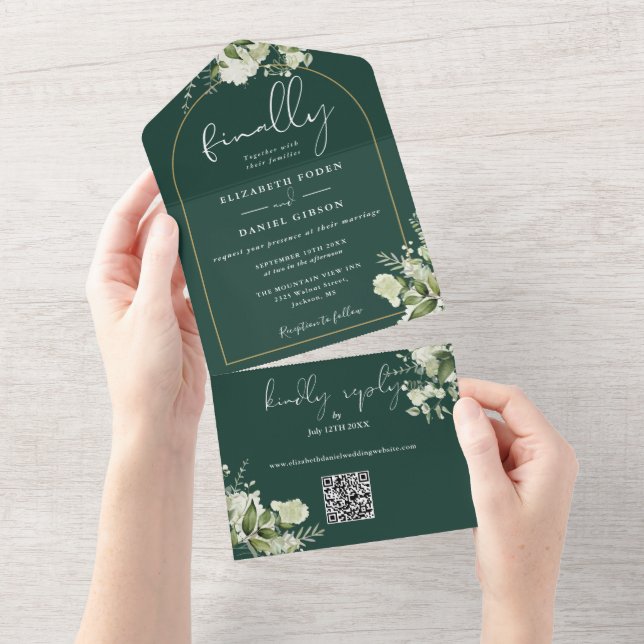 Invitation Tout En Un Mariage Code QR Chic Émeraude Enfin Arche de Verdu (Déchirure)