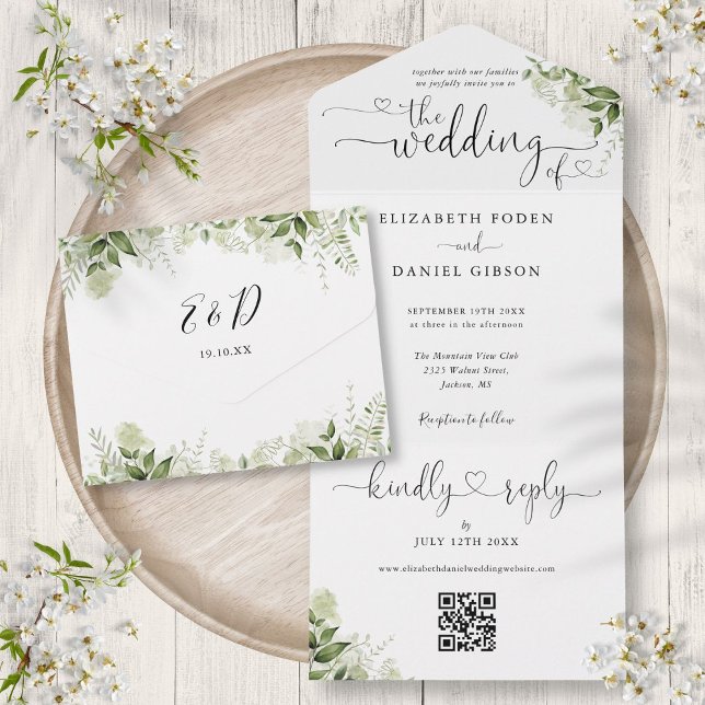 Invitation Tout En Un Mariage Code QR Cœurs Écriture Élégante Verdure (Greenery Elegant Script Hearts QR Code Wedding All In One Invitation)