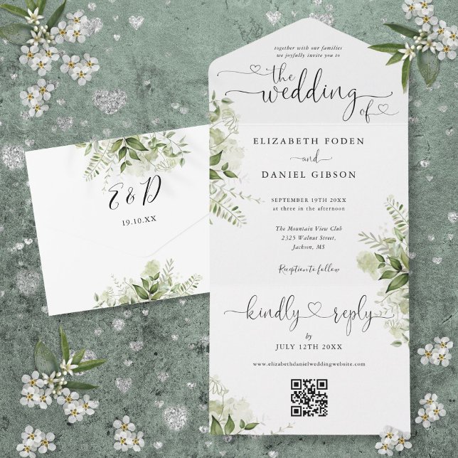 Invitation Tout En Un Mariage Code QR Cœurs Script Floral Verdure (Greenery Floral Script Hearts QR Code Wedding All In One Invitation)