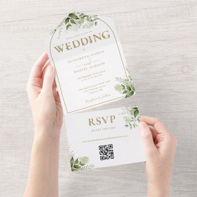 Invitation Tout En Un Mariage Code QR de la verdure rustique à l'arche d (Déchirure)