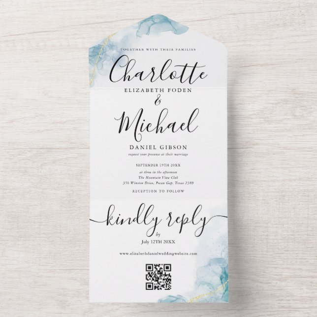 Invitation Tout En Un Mariage Code QR de Script Abstrait Aquarelle Bleue (À l'intérieur)
