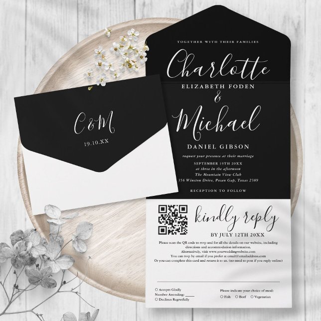 Invitation Tout En Un Mariage code QR de script moderne noir et blanc (Black And White Modern Script QR Code Wedding All In One Invitation)