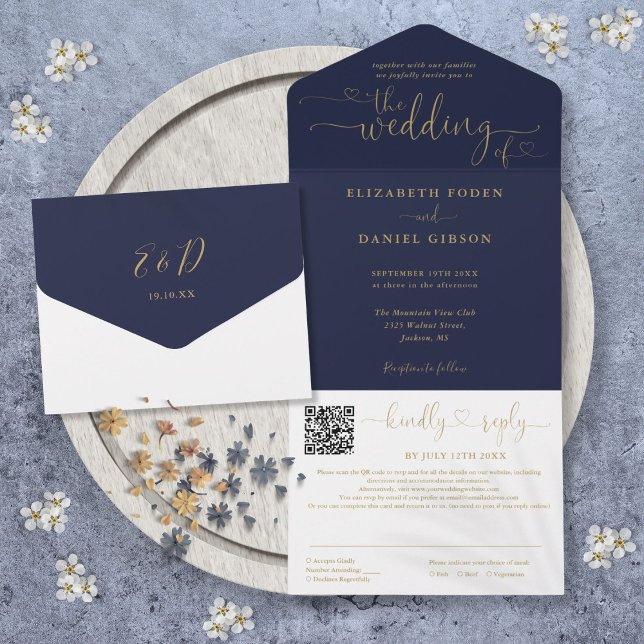 Invitation Tout En Un Mariage Code QR Écriture Cœurs Bleu Marine Et Or (Navy Blue And Gold Hearts Script QR Code Wedding All In One Invitation)