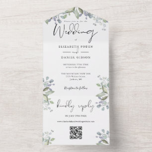 Invitation Tout En Un Mariage Code QR Écriture Élégante Feuillage Verdur
