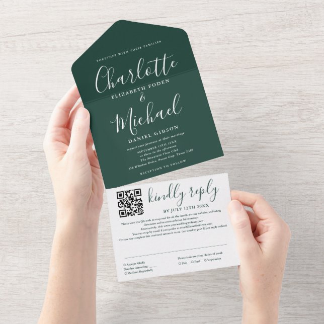 Invitation Tout En Un Mariage Code QR Écriture Moderne Vert Émeraude (Déchirure)