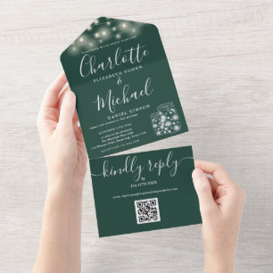 Invitation Tout En Un Mariage Code QR Emeraude Pots Mason Fils Lumineux