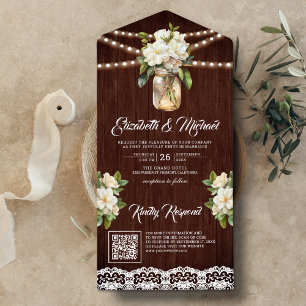 Invitation Tout En Un Mariage Code QR en bois de grange avec pot Mason M