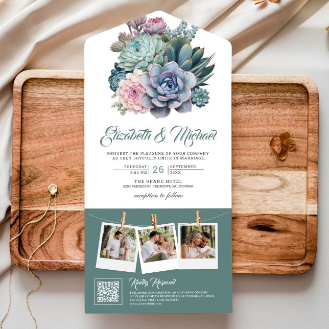 Invitation Tout En Un Mariage Code QR Esperluette Succulente Pastel (Créateur téléchargé)