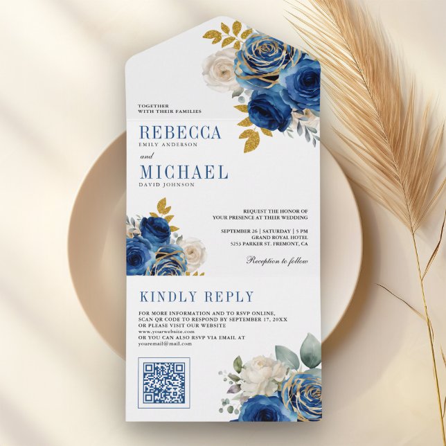 Invitation Tout En Un Mariage Code QR Fleurs Roses Bleu Royal (Créateur téléchargé)