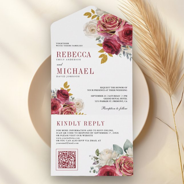 Invitation Tout En Un Mariage Code QR Fleurs Rouge Bourgogne (Créateur téléchargé)