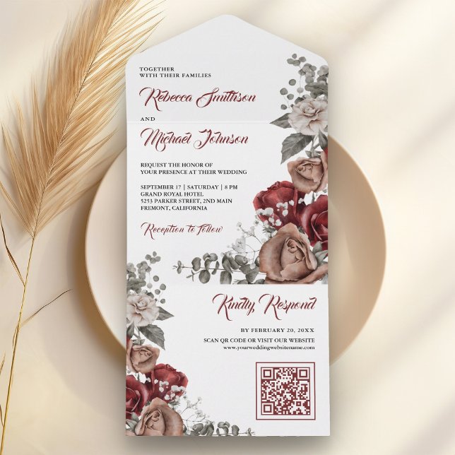 Invitation Tout En Un Mariage Code QR Fleurs Rouge Bourgogne (Créateur téléchargé)