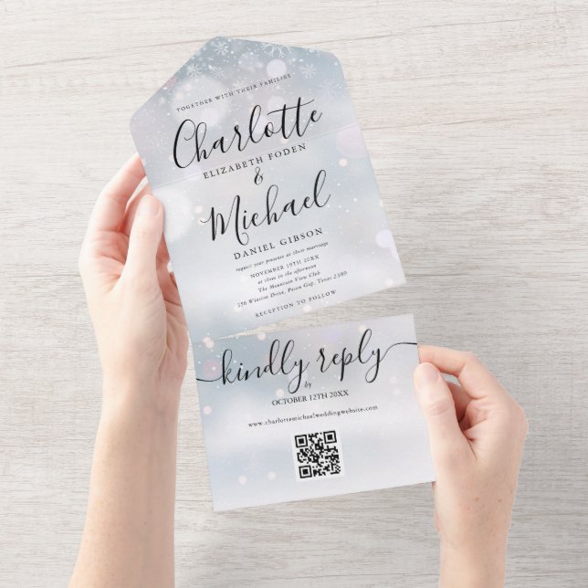 Invitation Tout En Un Mariage Code QR Flocons de Neige Hivernaux (Déchirure)