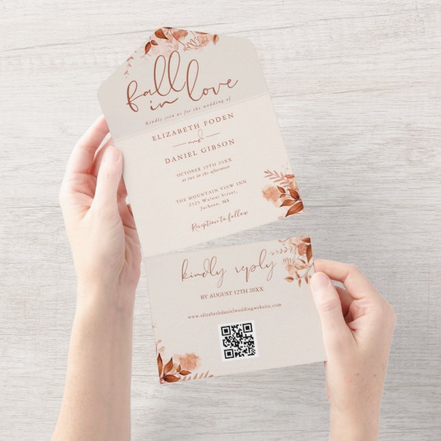 Invitation Tout En Un Mariage Code QR Floral à l'Amour Rustique d'Automn (Déchirure)