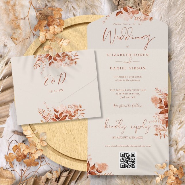 Invitation Tout En Un Mariage Code QR Floral Automne Rustique (Rustic Autumn Fall Floral QR Code Wedding All In One Invitation)