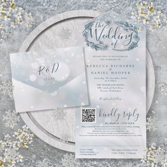 Invitation Tout En Un Mariage Code QR Floral Boho Flocons de Neige Hiver (Winter Snowflakes Boho Floral QR Code Wedding All In One Invitation)