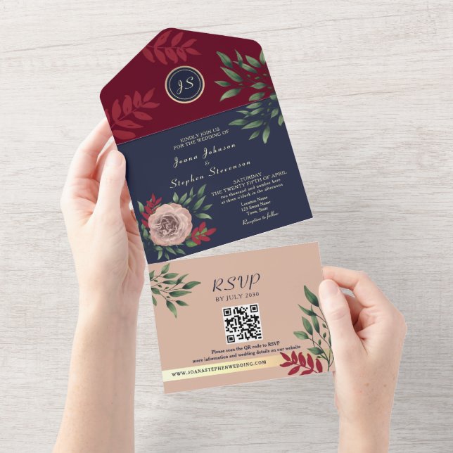 Invitation Tout En Un Mariage Code QR Floral Bourgogne (Déchirure)