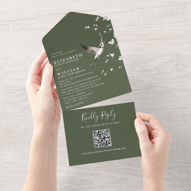 Invitation Tout En Un Mariage code QR floral chinoiserie vert olive (Déchirure)