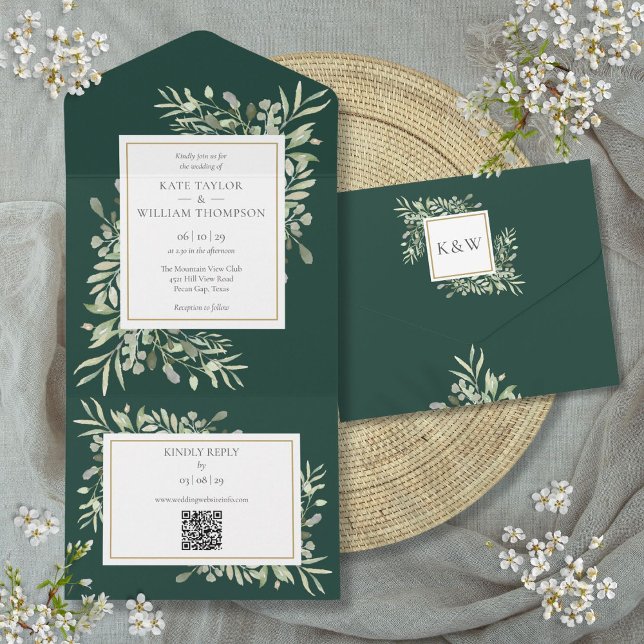 Invitation Tout En Un Mariage Code QR Floral de Verdure Émeraude (Emerald Greenery Floral QR Code Wedding All In One Invitation)