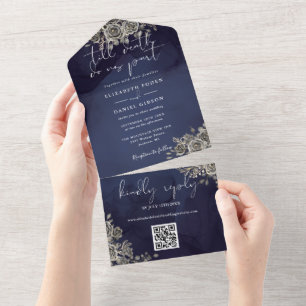 Invitation Tout En Un Mariage Code QR Floral Gothique Bleu de Minuit