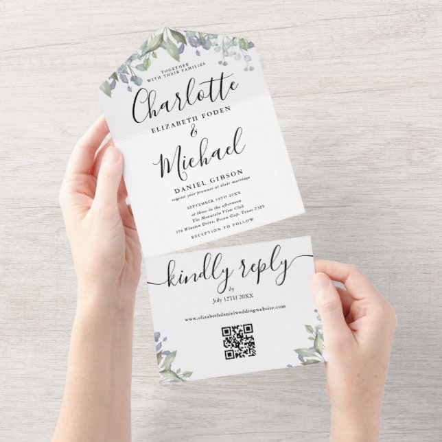 Invitation Tout En Un Mariage Code QR Floral Monogramme de Script  (Déchirure)