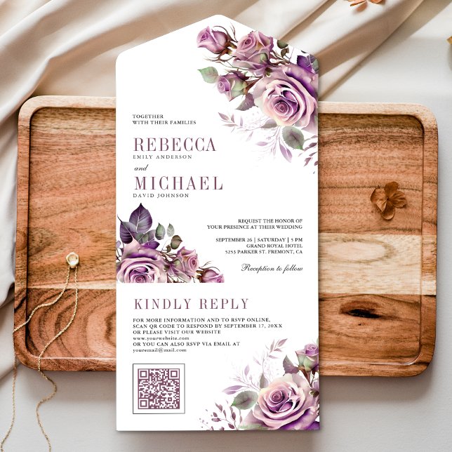 Invitation Tout En Un Mariage Code QR Floral Pourpre Poussiéreux (Créateur téléchargé)