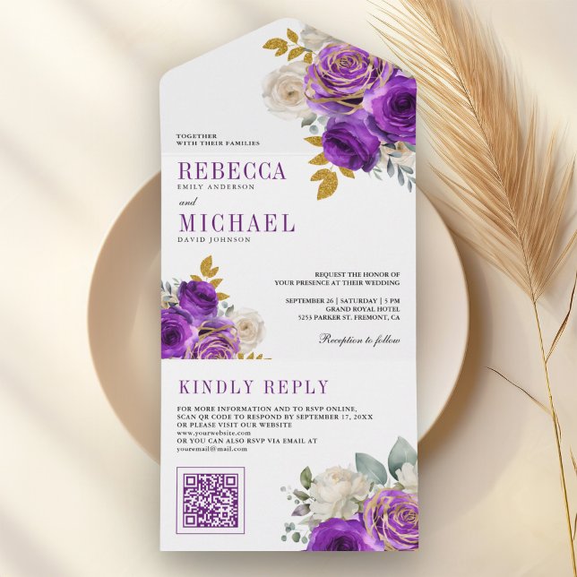 Invitation Tout En Un Mariage Code QR Floral Roses Violet Royal (Créateur téléchargé)