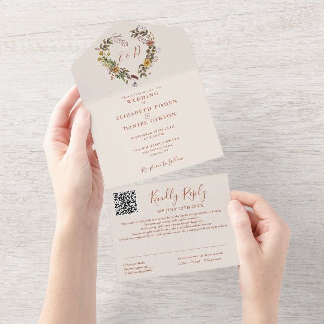 Invitation Tout En Un Mariage Code QR Floral Rustique Automne (Déchirure)
