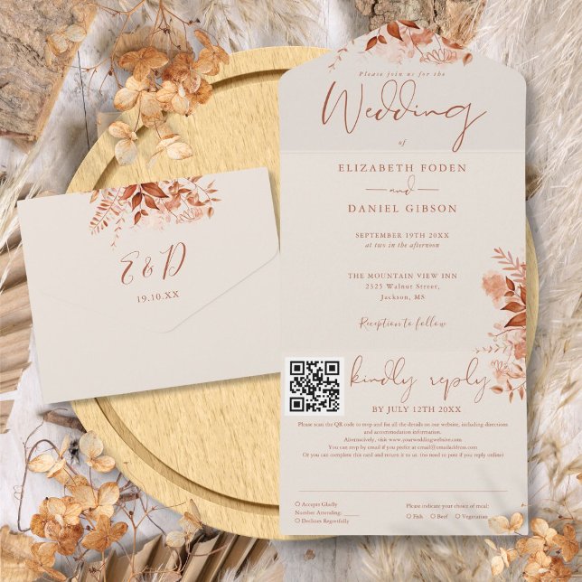 Invitation Tout En Un Mariage Code QR Floral Rustique Automne (Autumn Fall Rustic Floral QR Code Wedding All In One Invitation)