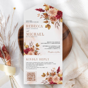 Invitation Tout En Un Mariage Code QR Floral Terracotta Bourgogne Rustiq