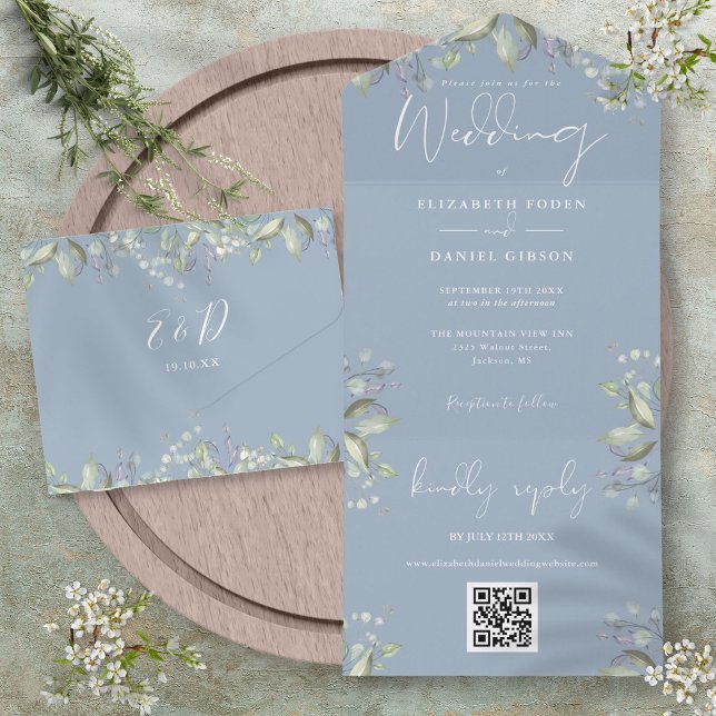 Invitation Tout En Un Mariage Code QR Floral Typographie Bleu Poussiéreu (Dusty Blue Greenery Floral Script QR Code Wedding All In One Invitation)