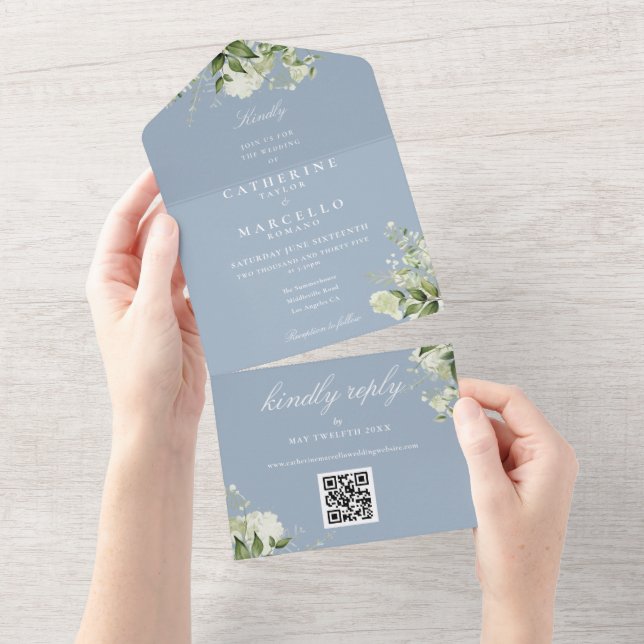 Invitation Tout En Un Mariage Code QR Floral Végétal Bleu Poussiéreux (Déchirure)