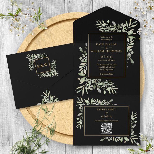 Invitation Tout En Un Mariage Code QR Floral Végétal Noir et Or (Black And Gold Greenery Floral QR Code Wedding All In One Invitation)