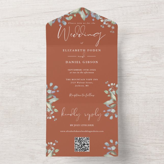 Invitation Tout En Un Mariage Code QR Floral Végétal Terracotta (À l'intérieur)