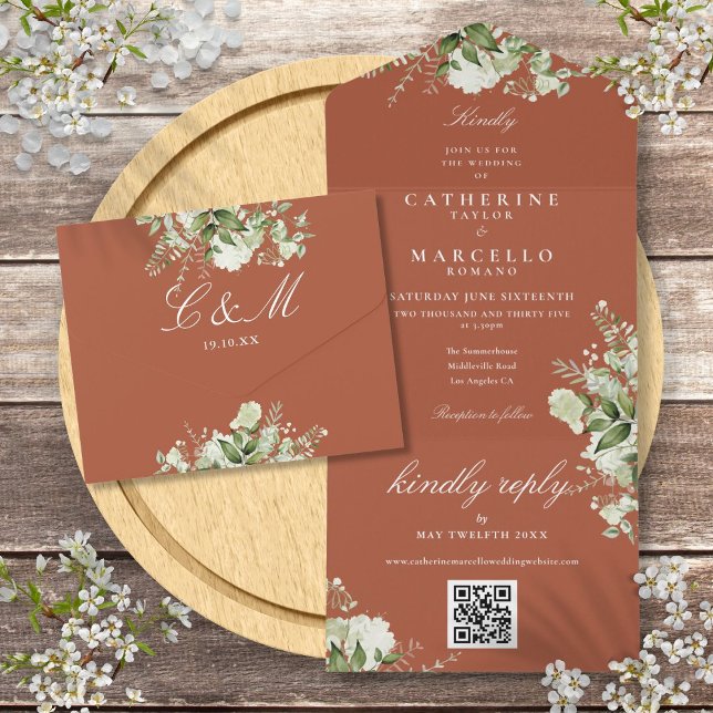 Invitation Tout En Un Mariage Code QR Floral Végétal Terracotta (Terracotta Floral Greenery QR Code Wedding All In One Invitation)
