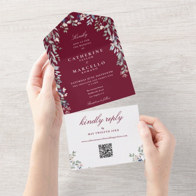 Invitation Tout En Un Mariage Code QR Floral Vert Burgundy (Déchirure)